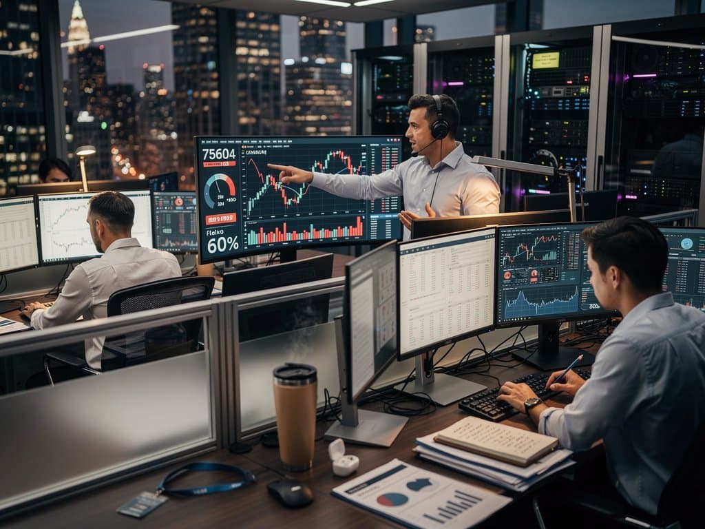 Multi-monitor trading desk displays Bitcoin price charts at $75,604, 60% broker volume surges, and Fear & Greed Index at 27 in a sleek financial environment