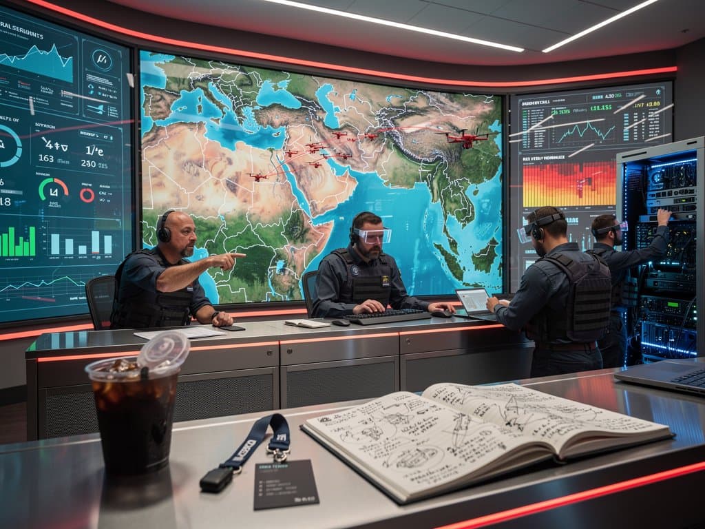 AI command center displays strike maps over Iran, crypto Fear & Greed at 27, and rising defense tickers