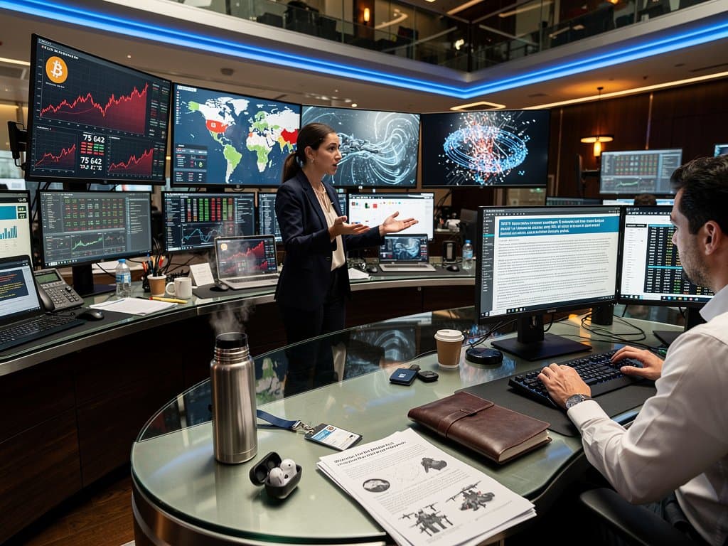 Trading screens show Bitcoin drop and AI-driven Middle East conflict maps on finance floor