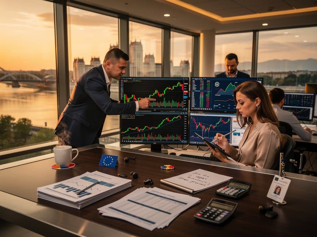 Traders analyze Romania services economy charts amid Fear & Greed 27 and crypto data on modern floor