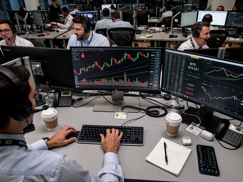 Trading floor monitors show Bitcoin at $75,521, Fear & Greed at 27, amid crypto broker search charts and geopolitical tickers