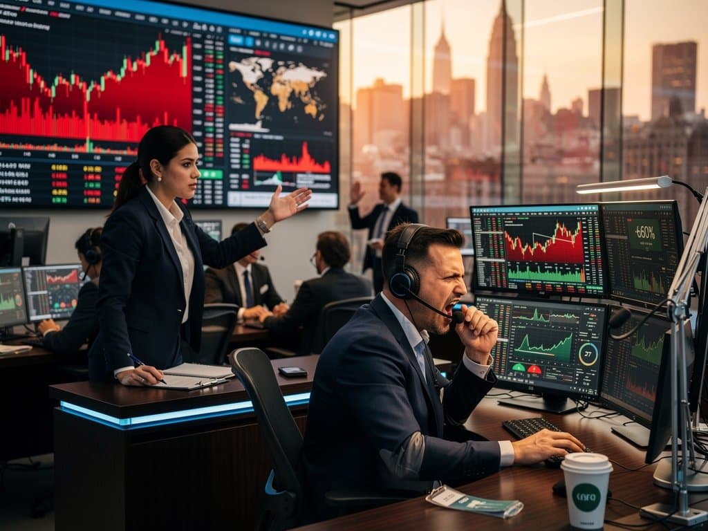 Trading floor screens showing Moomoo crypto brokers surge, Bitcoin charts, Fear & Greed Index at 27, and risk-off signals in modern finance hub