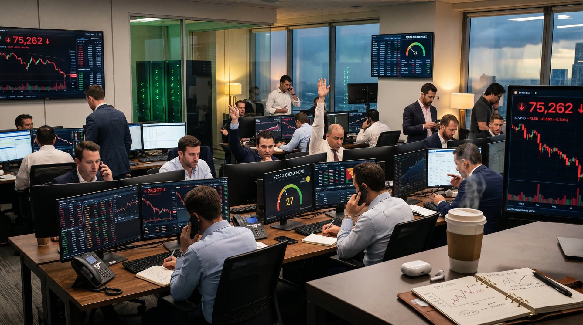 Trading screens show Bitcoin brokers surge, crypto prices, and risk indices on modern desk setup