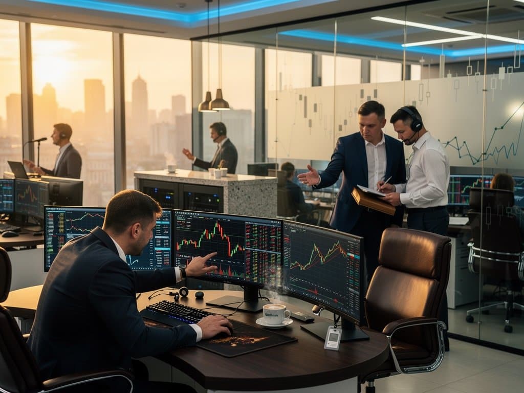 Traders at Sberbank Moscow trading floor analyze crypto charts on Bloomberg terminals amid multi-monitor desks and city view glass walls