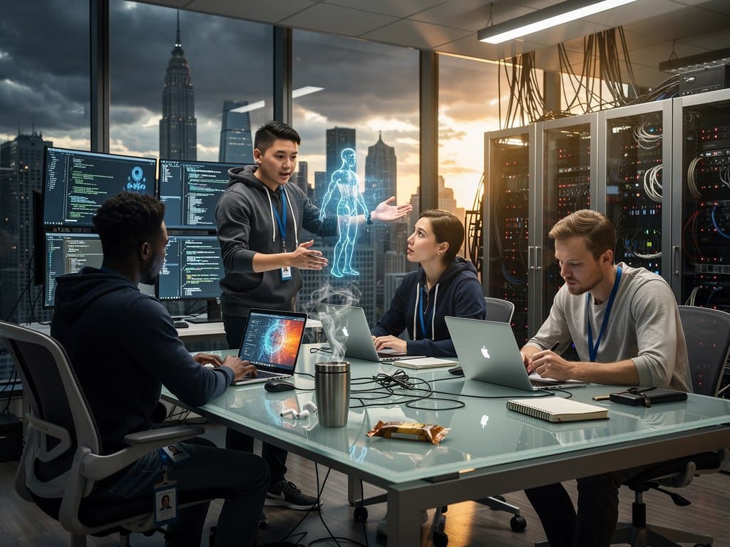 Tech researchers collaborate on AI neural networks in modern lab with holographic projections and server racks