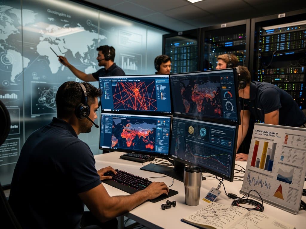 Cybersecurity team monitors AI bots ATMs threats in modern bank ops center with glowing screens and server racks