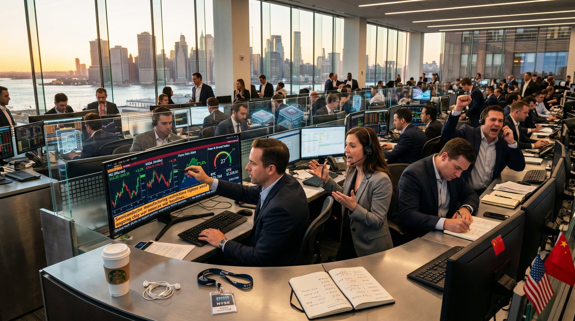 Traders analyze Micron and Nvidia stock charts on trading floor amid US-China chip wars news