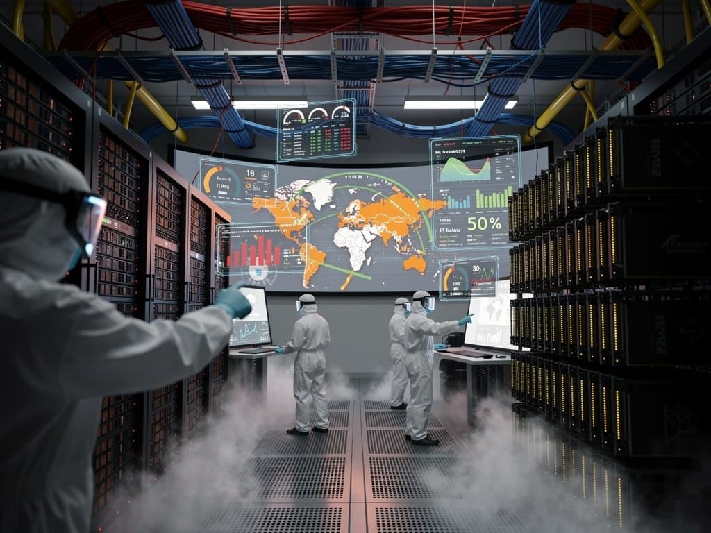 High-tech data center with Nvidia GPU and Micron memory racks, glowing monitors, and server infrastructure