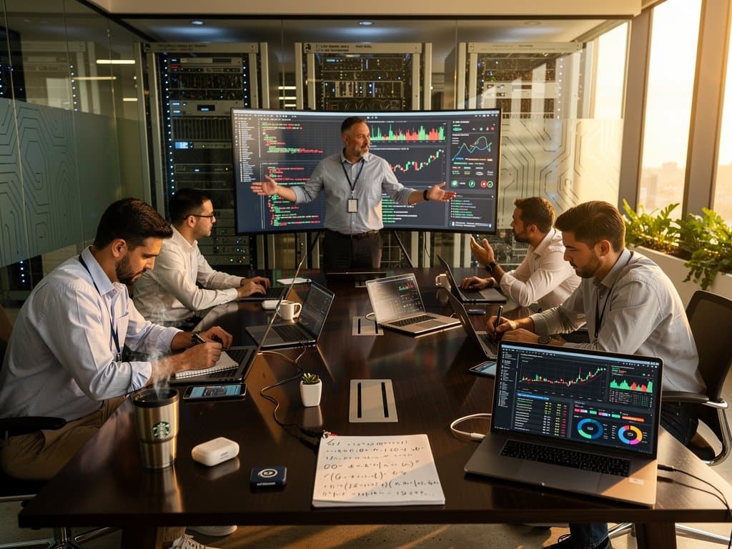 AI lab with engineers viewing neural networks on screens amid geopolitical talent tensions