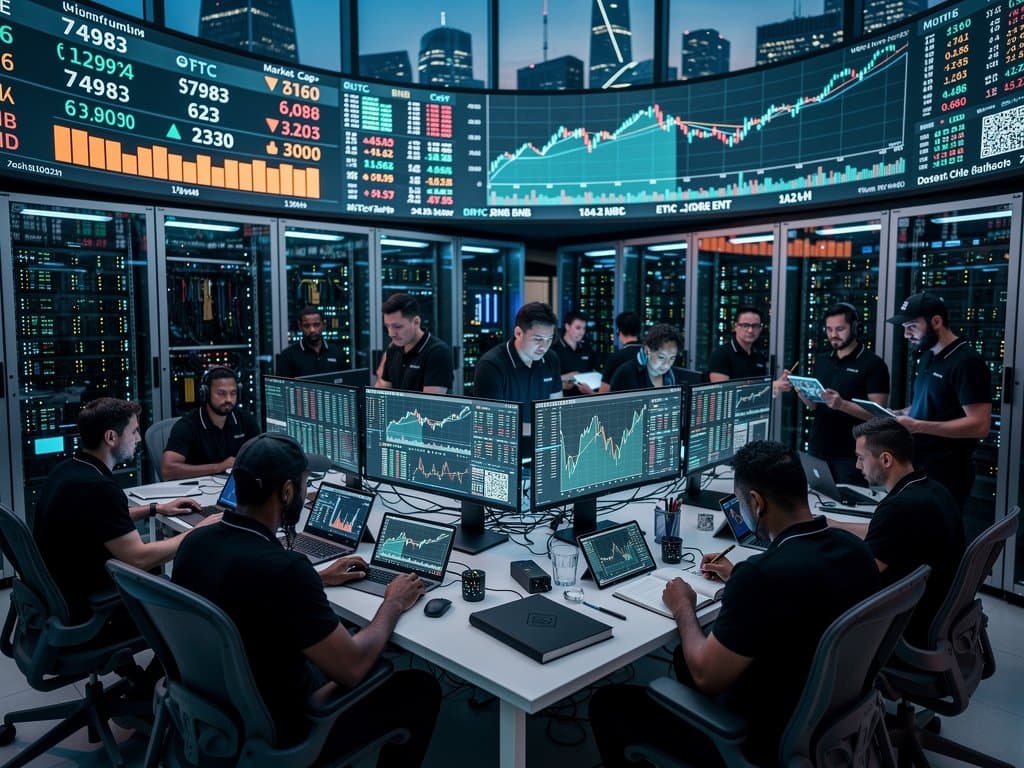 Crypto traders monitor BTC $74K charts, Fear Index 27, BNB data, and CZ memoir on advanced trading floor screens