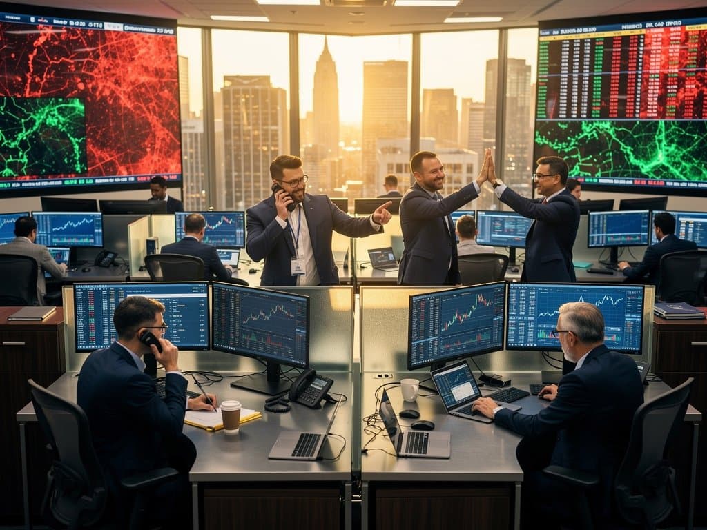 Trading floor monitors display BTC at $74,796, Fear & Greed at 27, and crypto charts amid professional finance environment