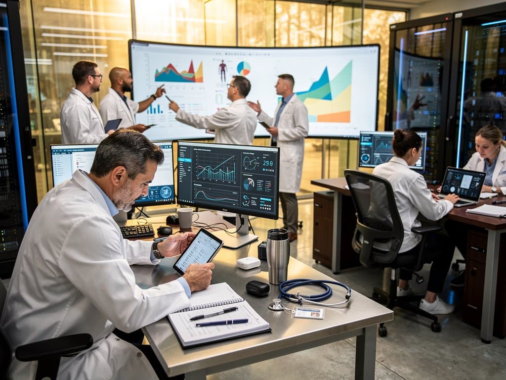 Clinicians and engineers collaborate on AI scribe interfaces in modern healthcare lab with screens showing transcriptions and charts