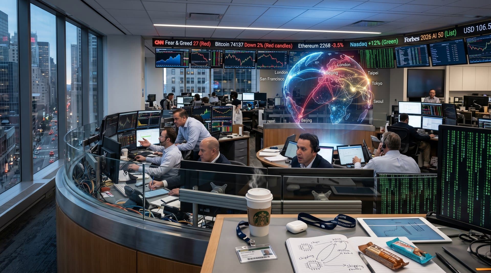 Holographic globe of AI alliances and financial dashboards showing market fear amid Forbes 2026 AI 50 impacts