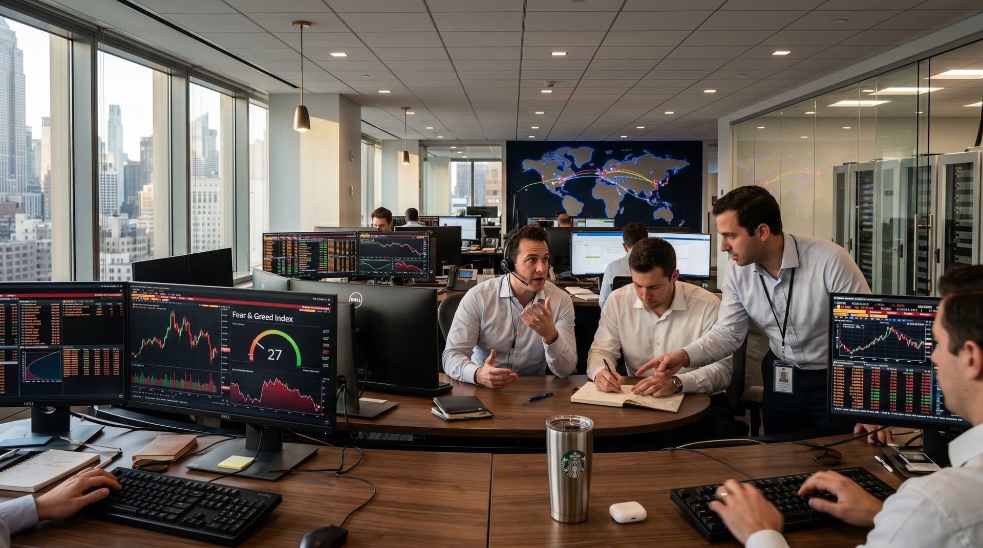 Bloomberg terminals display BTC at $73,924 and Fear & Greed at 27 on trading floor with Manhattan skyline and US-China map highlights