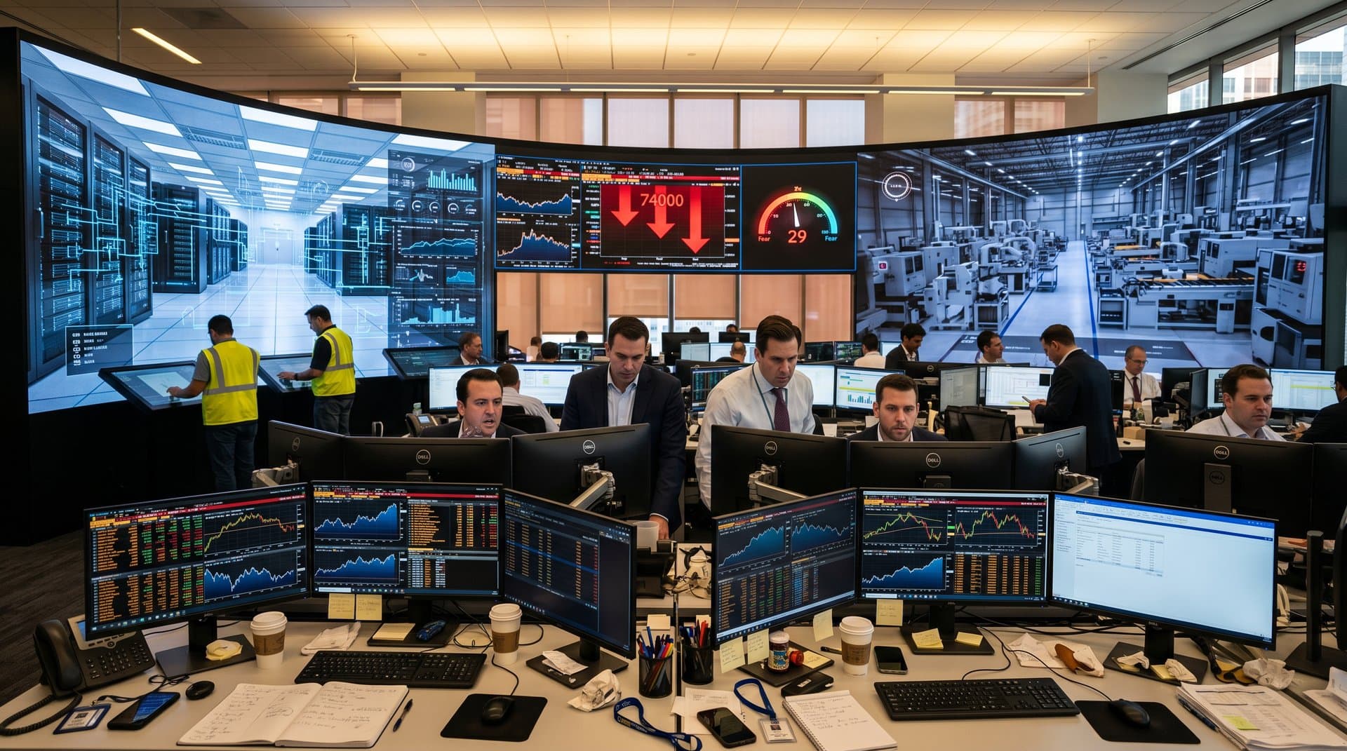 AI lab with neural network displays, server racks, and collaborative researchers in modern tech environment