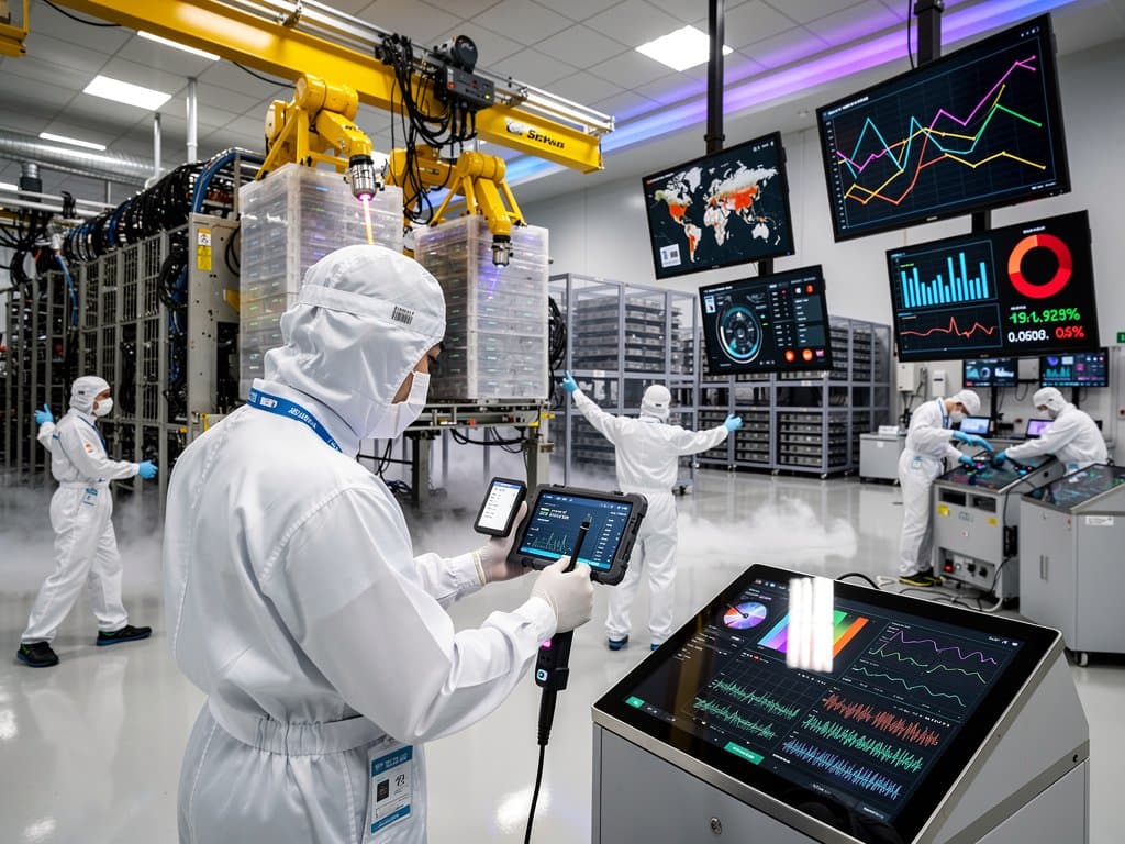 Technicians in cleanroom suits handle silicon wafers amid lithography machines and control screens in high-tech TSMC chip fab