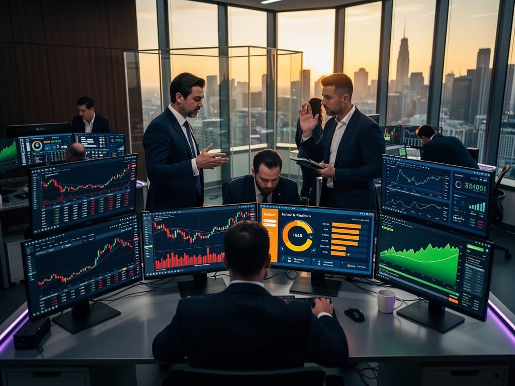 Trading screens show XRP at $1.41, SOL charts, Fear & Greed 29 in modern finance setting