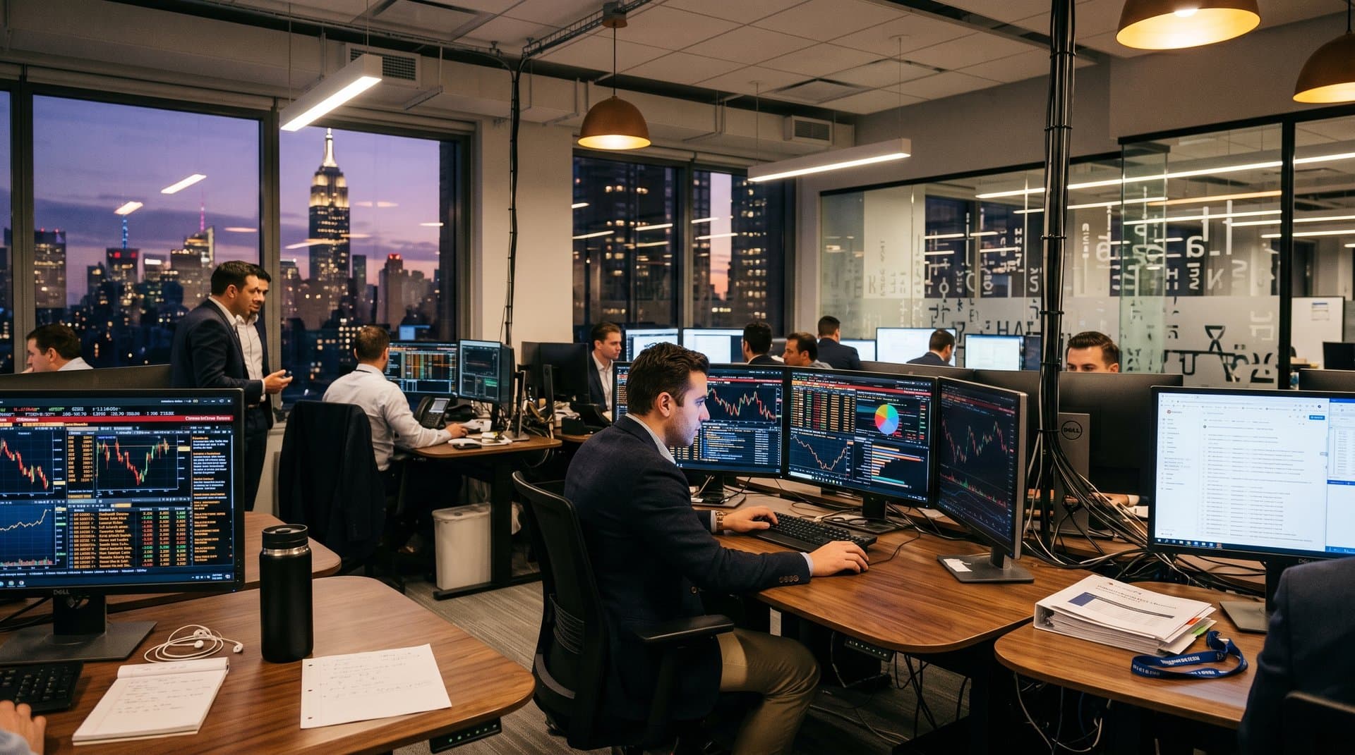 Trading floor with Bloomberg terminals showing Bitcoin at $74K, skyline view, financial charts and data displays