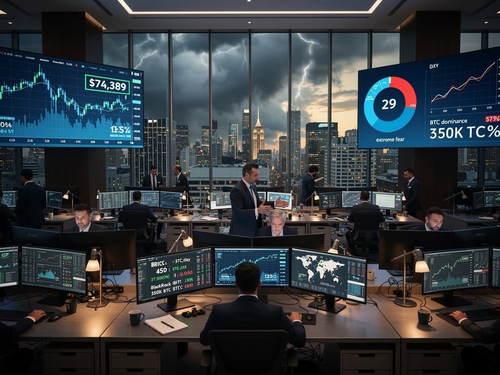 Trading floor screens show Scaramucci Bitcoin at $74K, Fear Index 29, dollar vs BTC charts on Bloomberg terminals in professional finance setting