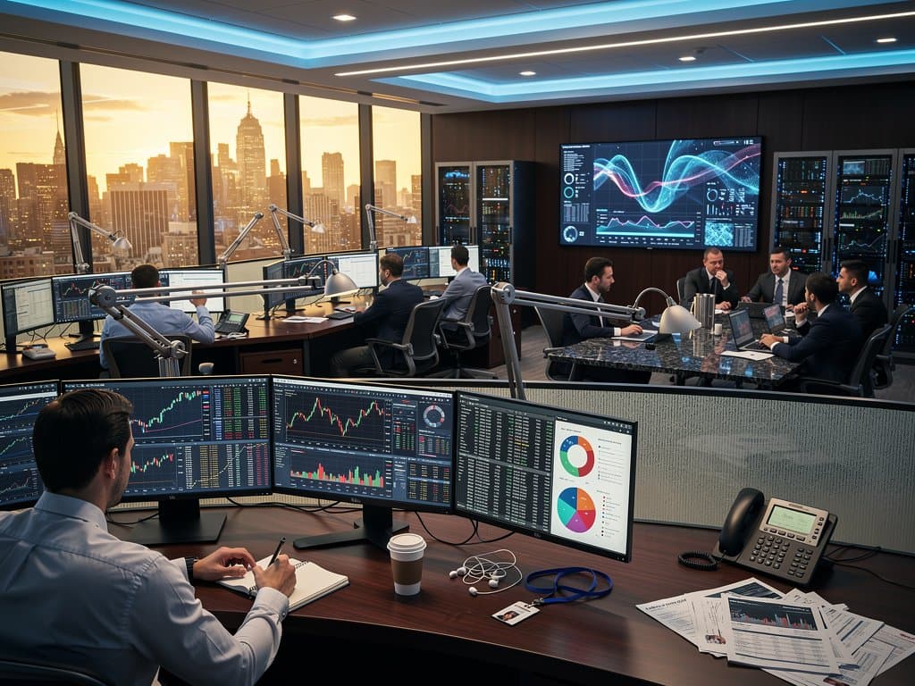 Trading floor screens show BTC $74,740, Ethereum prices, Fear & Greed 29 amid CLARITY Act institutional shifts