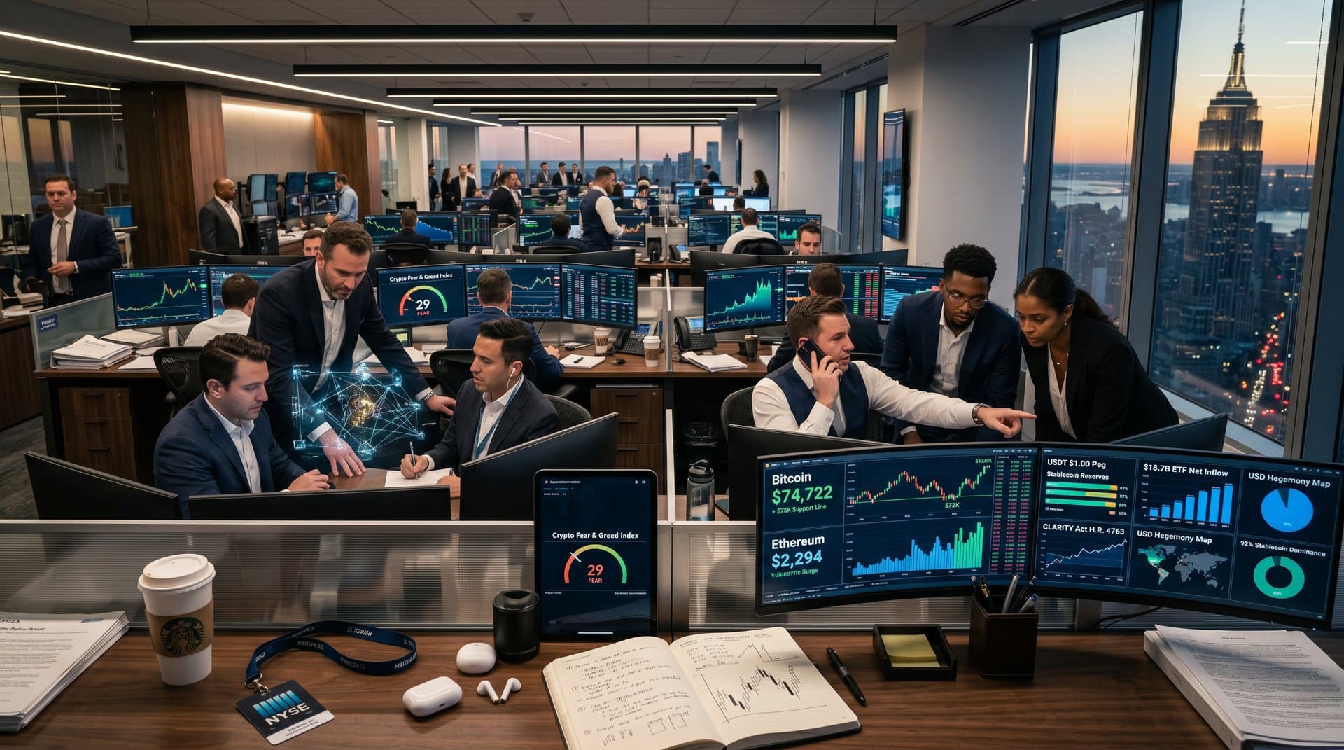 Trading floor screens show BTC charts, Fear & Greed Index, and CLARITY Act policy amid USD crypto graphs