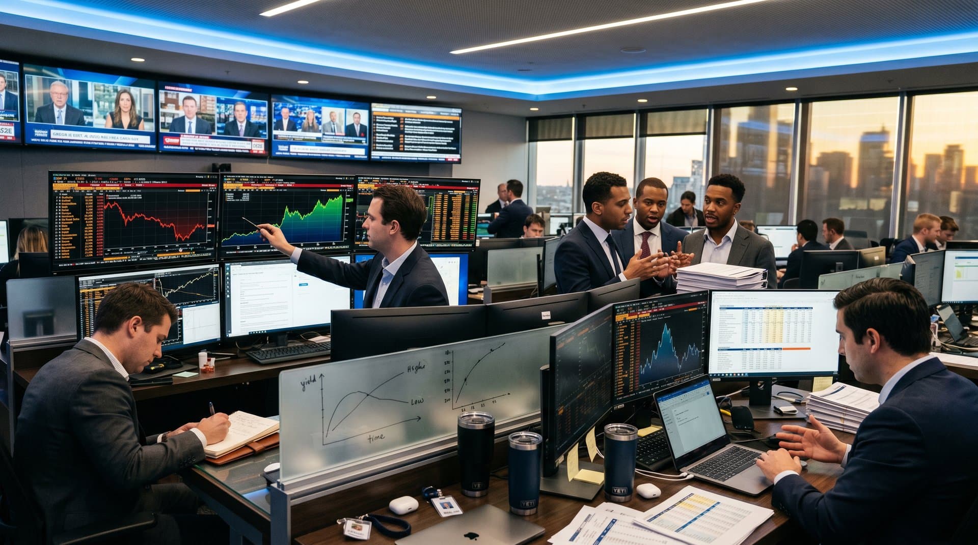 Trading floor Bloomberg terminals show BNB outperforming Bitcoin charts with macro and geopolitical overlays in high-tech finance environment