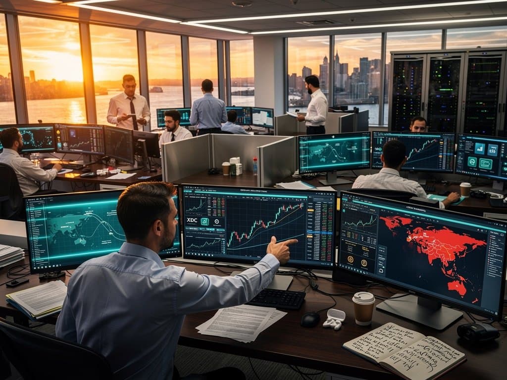High-tech trading floor displaying XDC Network, BTC prices, Fear & Greed Index, and geopolitical trade maps