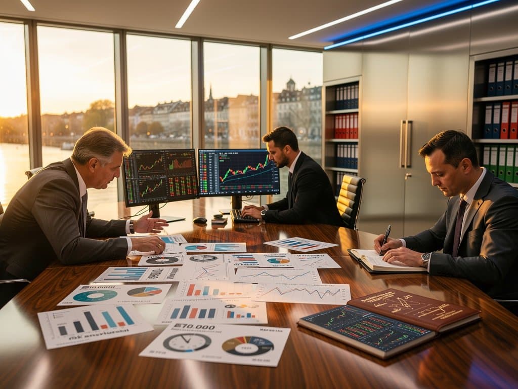 BIS boardroom in Basel with executives reviewing stablecoin charts on screens amid walnut tables and Bloomberg terminals