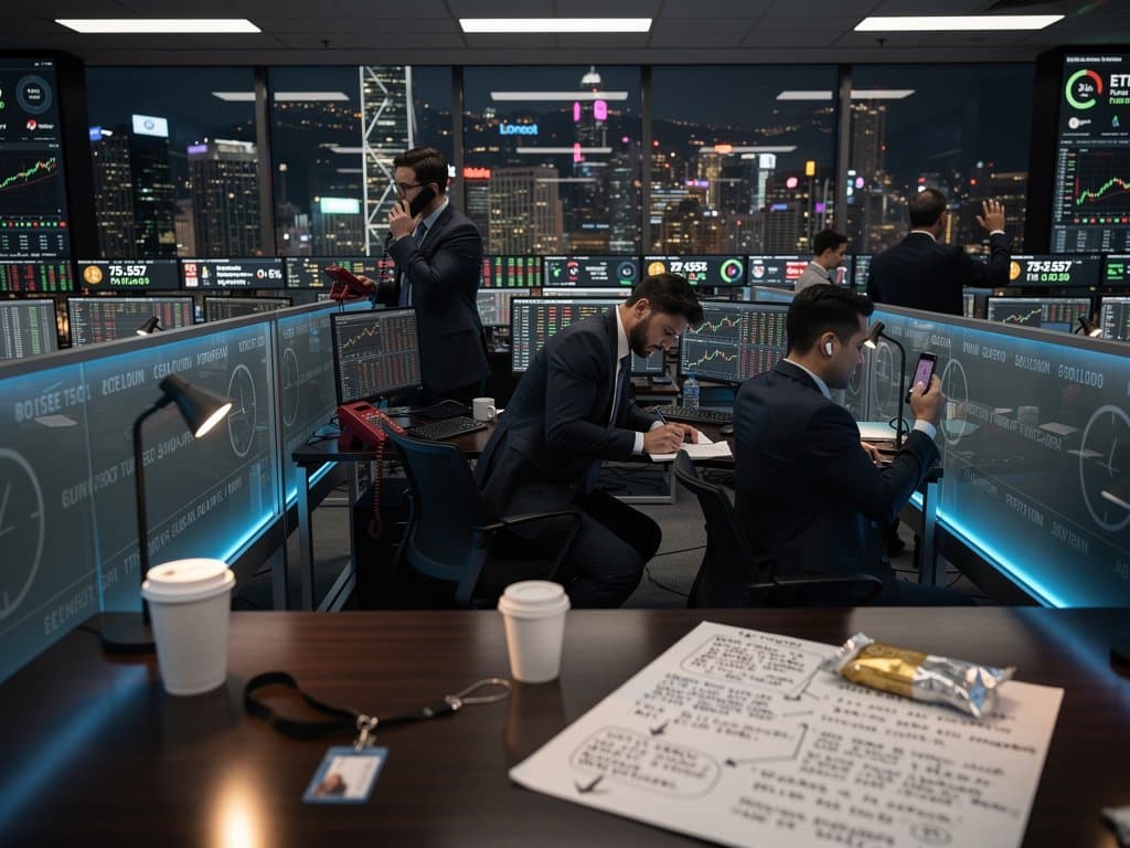 Trading desks with screens showing BTC at $75K, Fear & Greed 29, and crypto derivatives charts