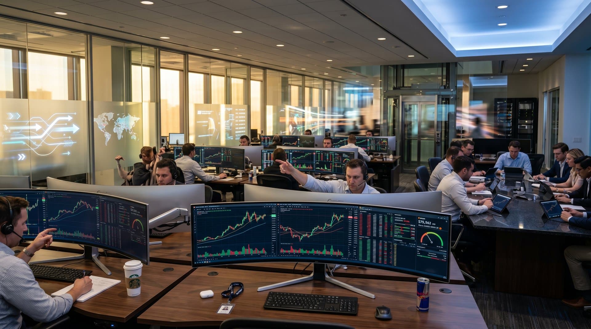 Trading floor with Bloomberg terminals showing cryptocurrency derivatives, spot markets, and BTC charts on sunlit desks