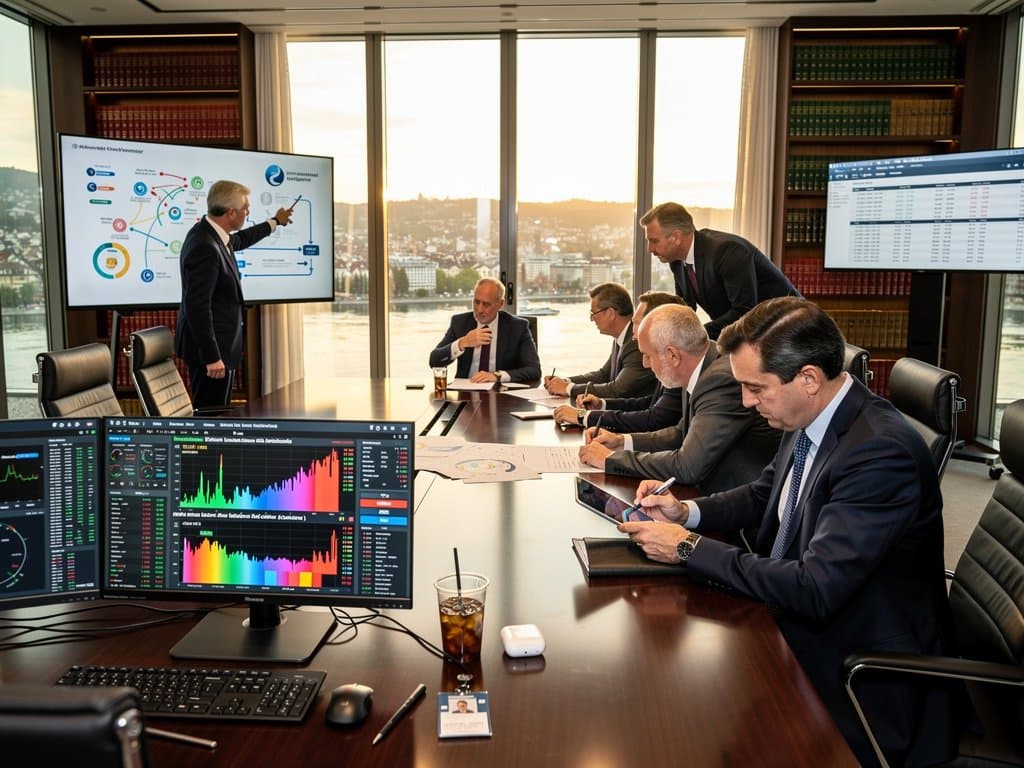 BIS economists analyze stablecoin charts on Bloomberg Terminal in Basel boardroom amid policy discussion
