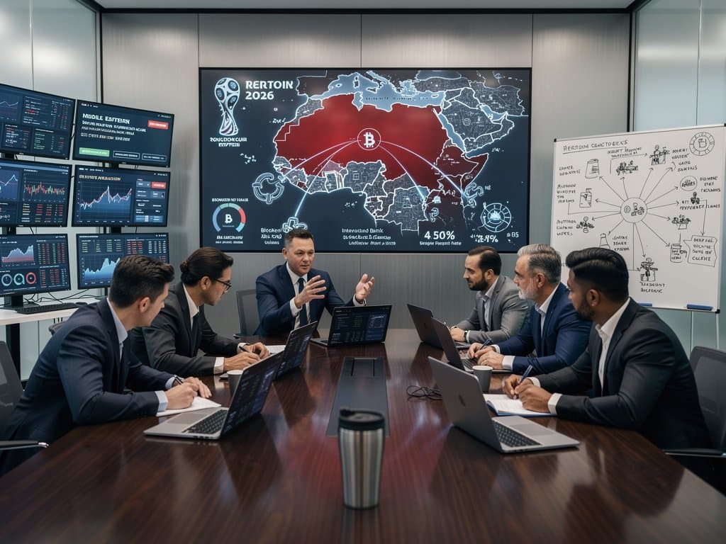 Geopolitical briefing room with crypto charts at BTC $76k, IRGC blockchain diagrams, World Cup maps, sanctions data, and financial terminals