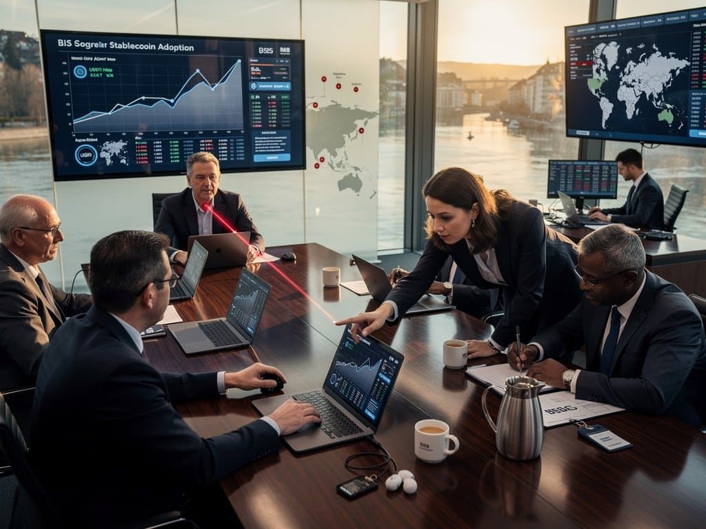 BIS boardroom with screens showing $187.3B USDT stablecoins risks charts amid global finance data displays
