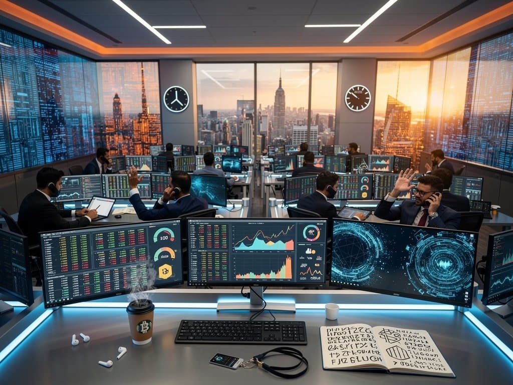 Trading floor monitors Bitcoin at $75,764, Fear Index 33, and India ED raid news amid blockchain visuals