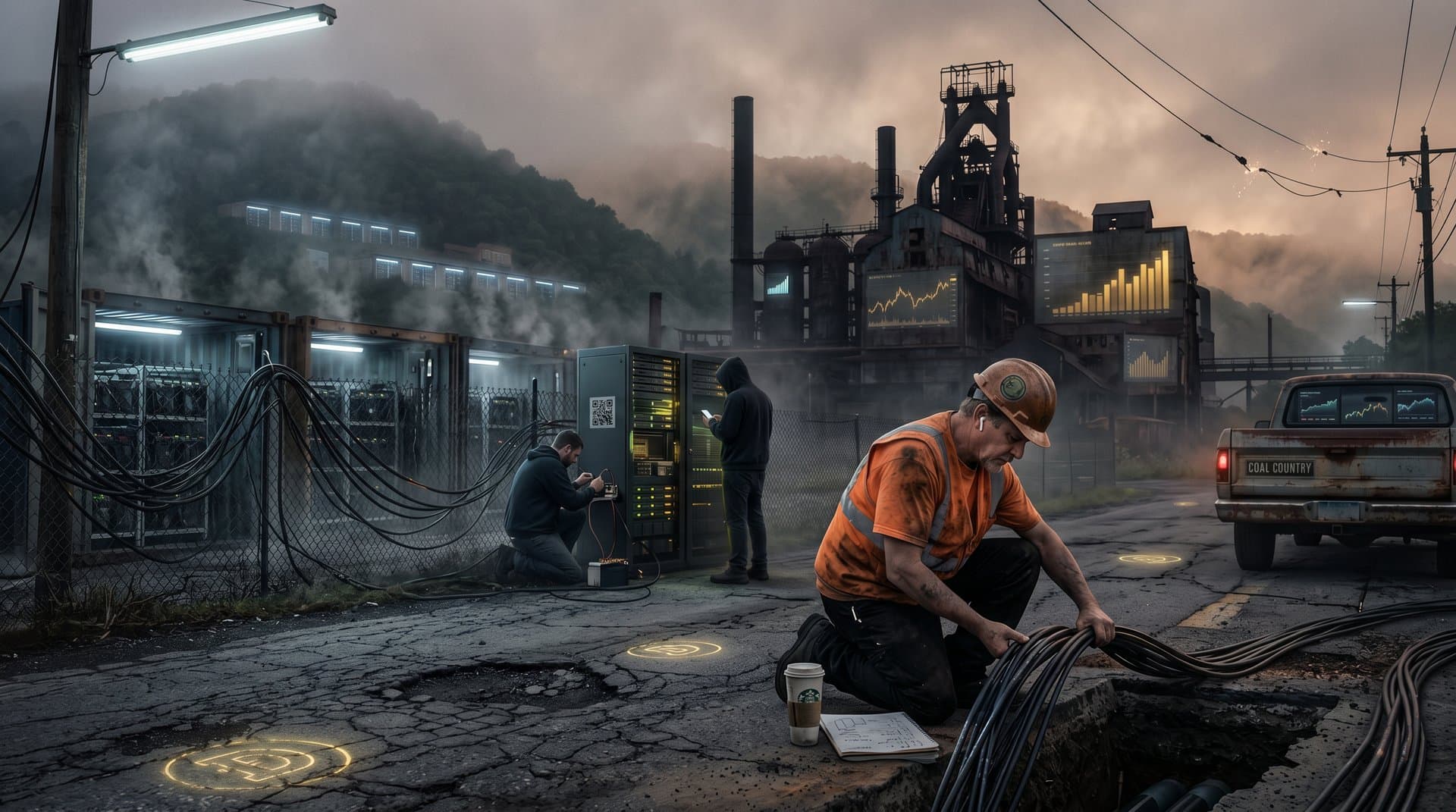 Cyberpunk visualization of Dogecoin West Virginia surge with BTC charts and dollar distrust motifs over Rust Belt landscape