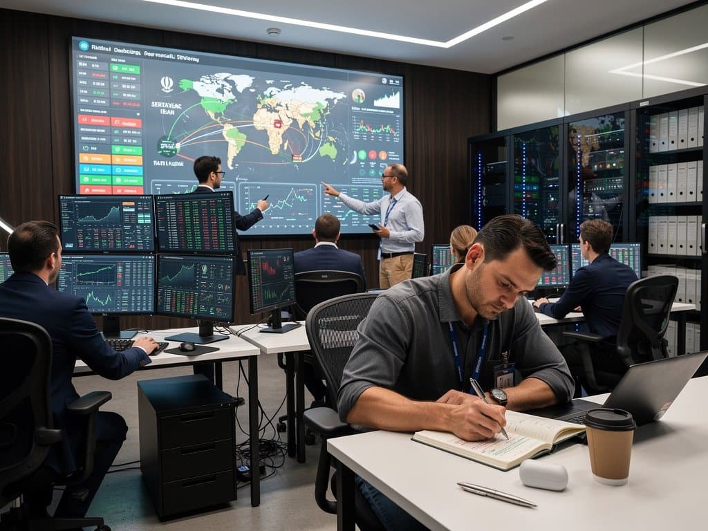Compliance team analyzes IRGC cryptocurrency project risks on Bloomberg terminals amid blockchain alerts and city skyline