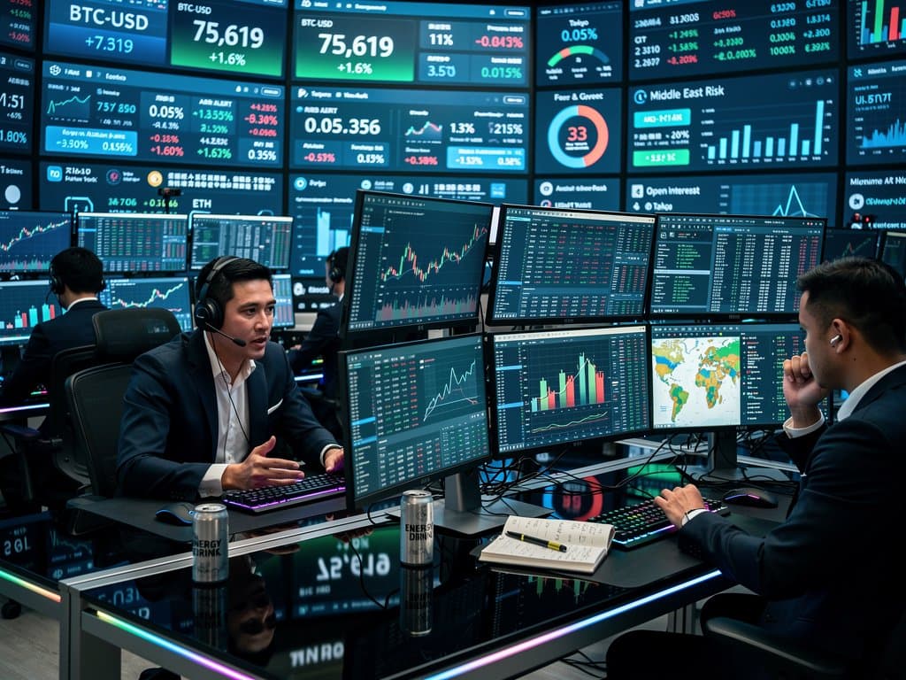 Trading terminals show crypto derivatives aligning with spot markets, BTC at $75K, Fear & Greed at 33, and 24/7 volatility charts in high-stakes market environment
