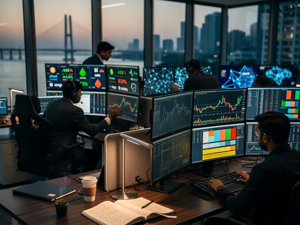 Abstract Mumbai trading screens show crypto charts, ED raid alerts, and India crypto crackdown indicators against city skyline