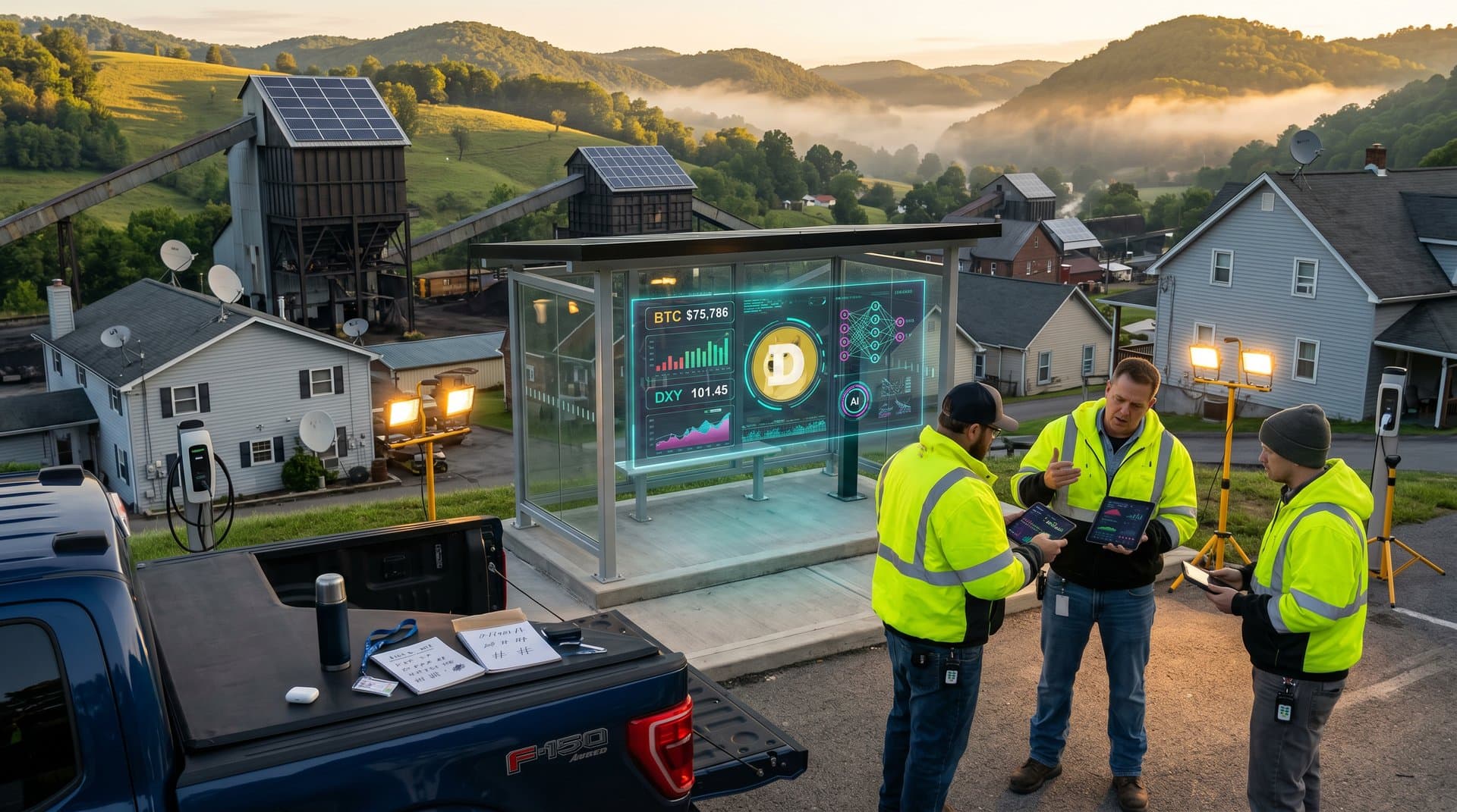 West Virginia Appalachians with overlaid crypto charts showing BTC at $75,786, Fear & Greed at 33, and AI sentiment analysis amid dollar weakness decline