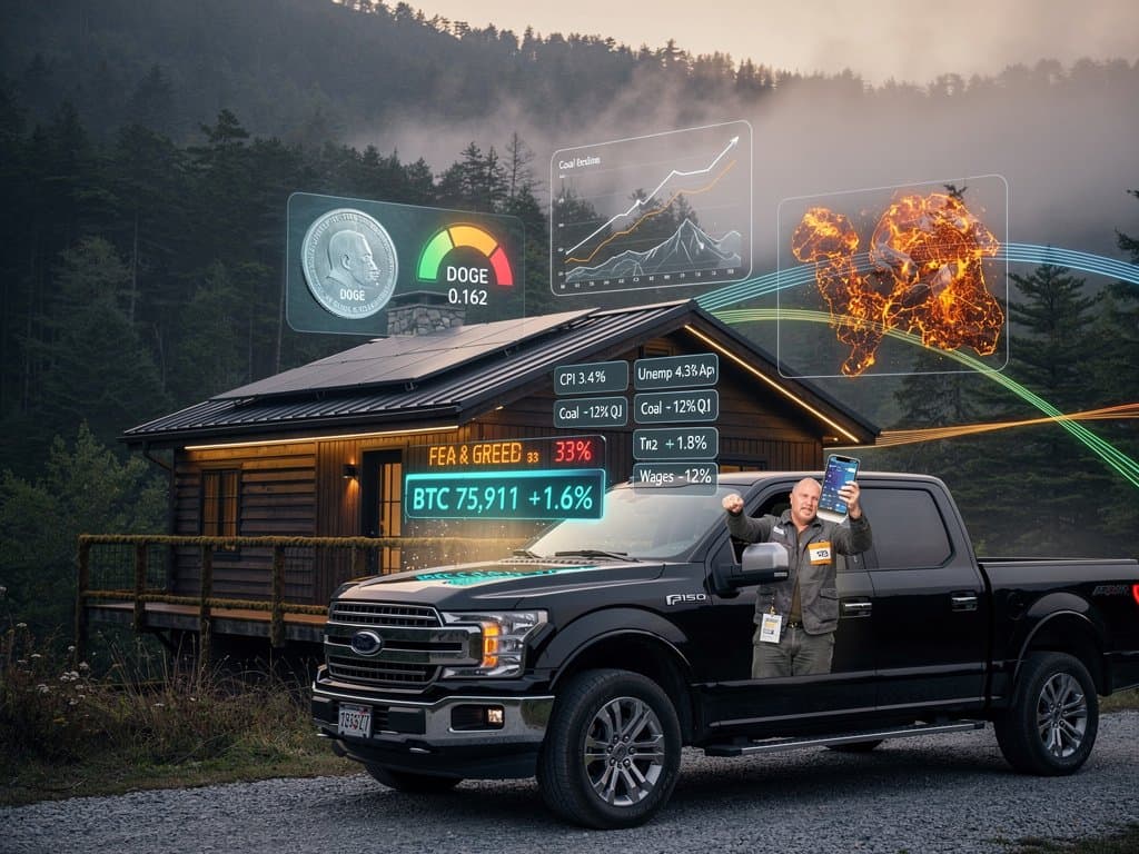 Appalachian cabin with holographic West Virginia Dogecoin charts, Fear & Greed Index at 33, Bitcoin prices, and AI economic data overlays