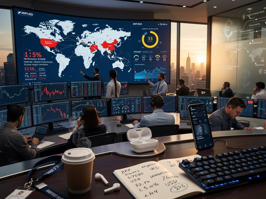 Trading floor with XRP charts at $1.44, Fear & Greed 33, derivatives data, geopolitical maps