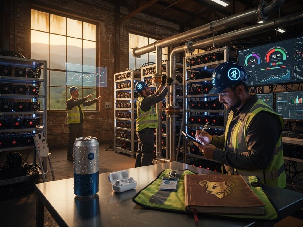 West Virginia Rust Belt crypto mining facility with Dogecoin and BTC charts, AI dashboards amid industrial revival