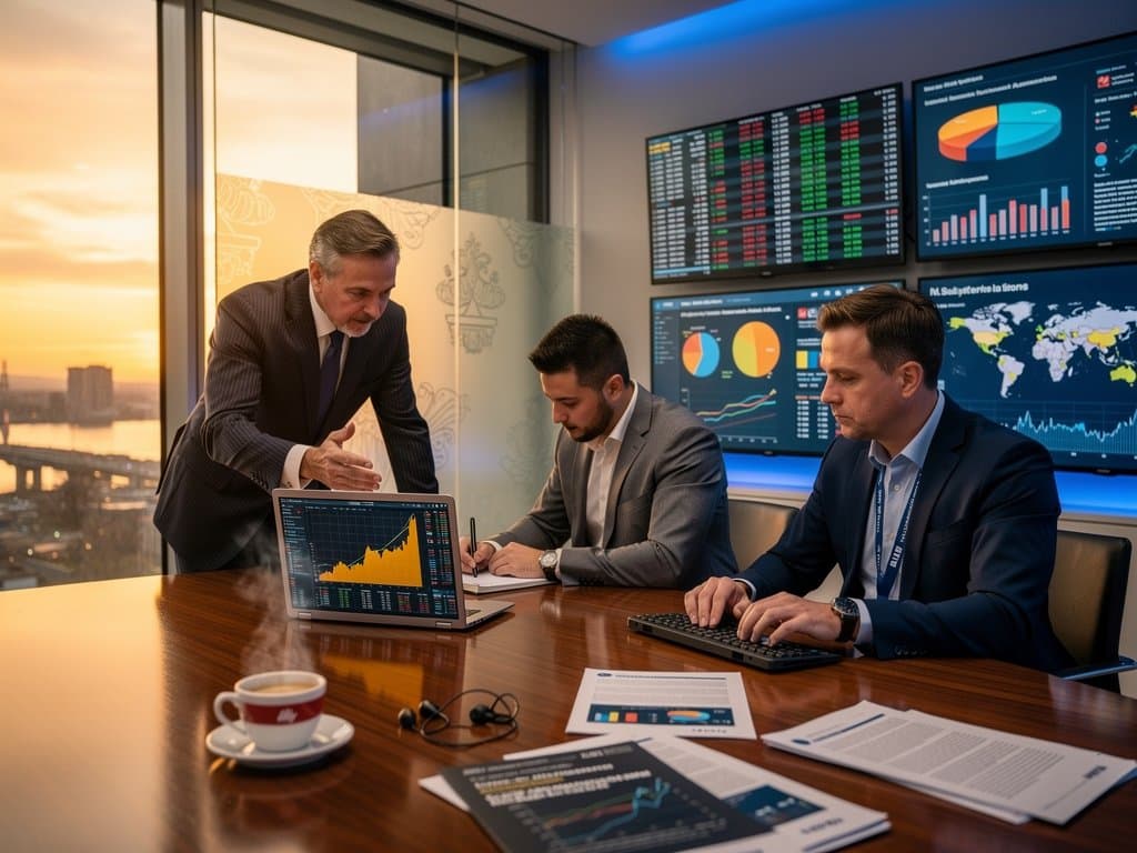 BIS briefing room with stablecoin charts, Rhine view, and forex screens