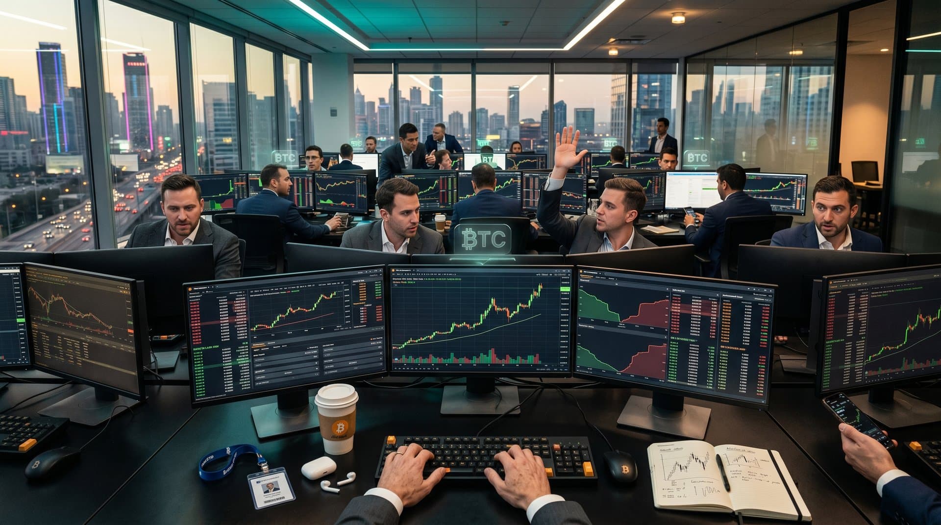 Institutional traders monitoring Bitcoin charts at $76K on Bloomberg terminals, analyzing ETF data in high-tech trading environment