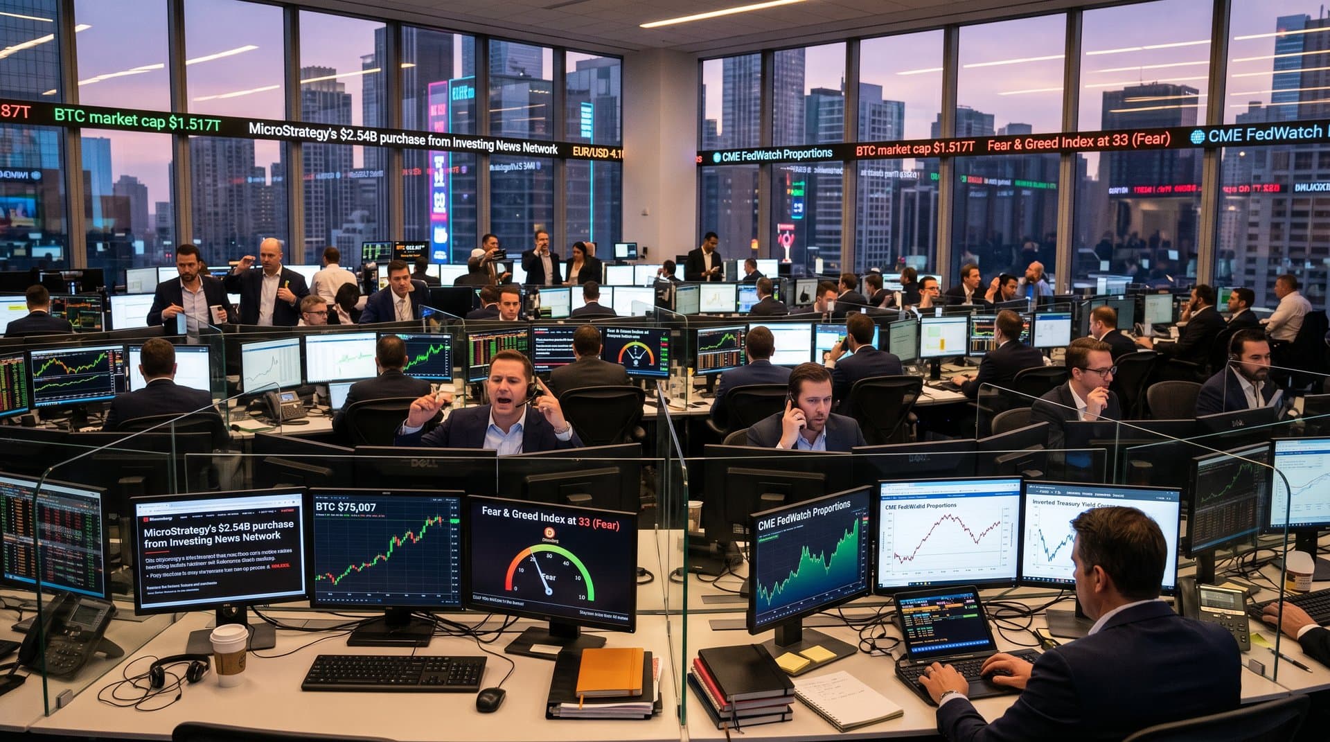 Dynamic trading floor displaying MicroStrategy Bitcoin purchase news, BTC at $75,807, and macro charts against city skyline