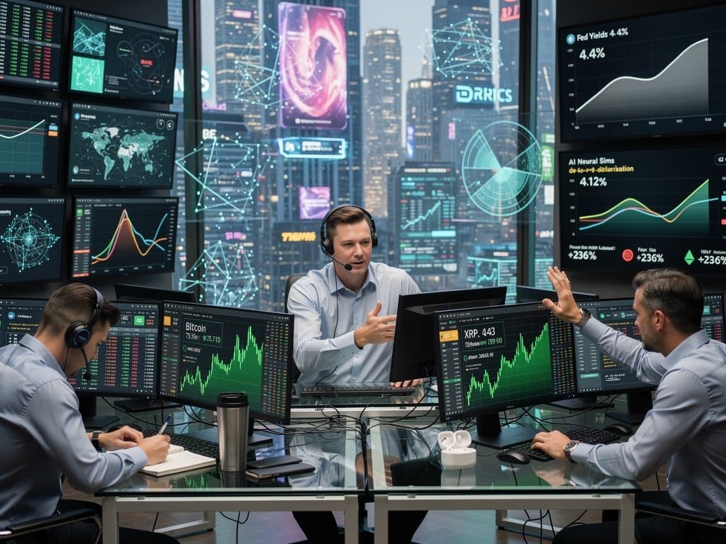 Trading floor analysts review cryptocurrency prices, Fed yield curves, and de-dollarization data on advanced monitor arrays