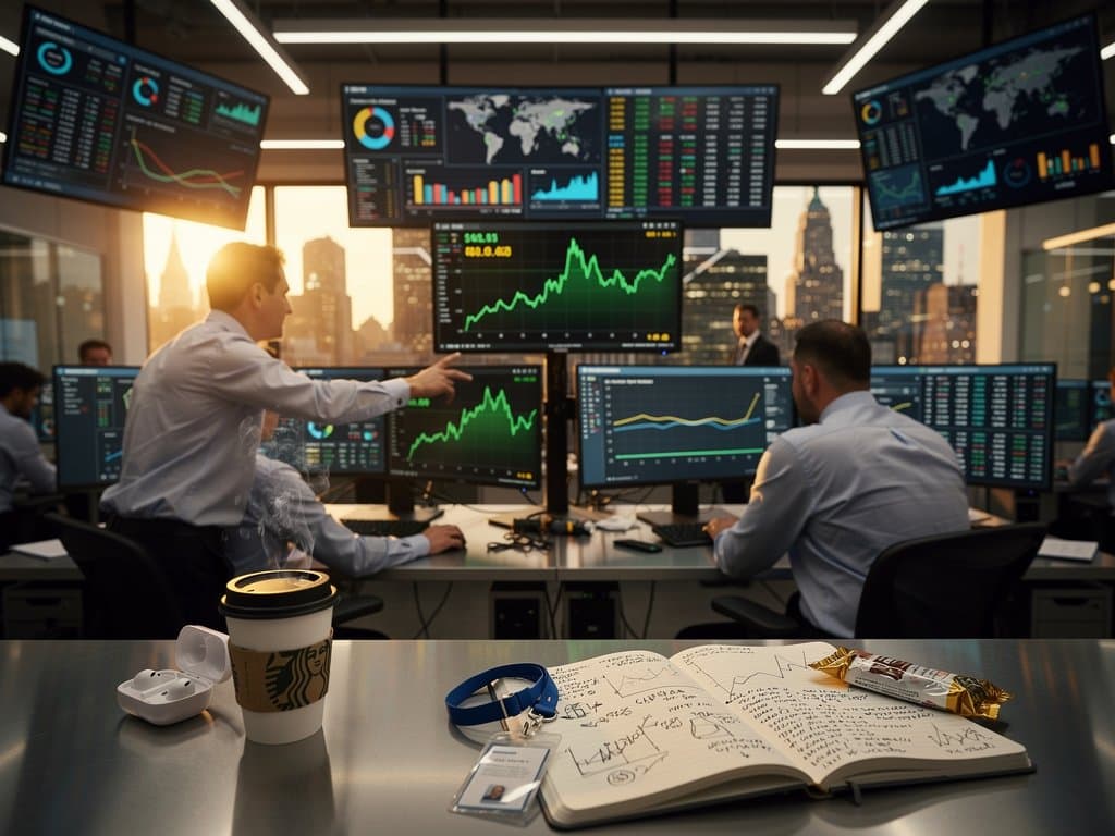 Trading floor with Bloomberg Terminals displaying Bitcoin at $75,617, Fear & Greed at 33, and crypto dominance charts