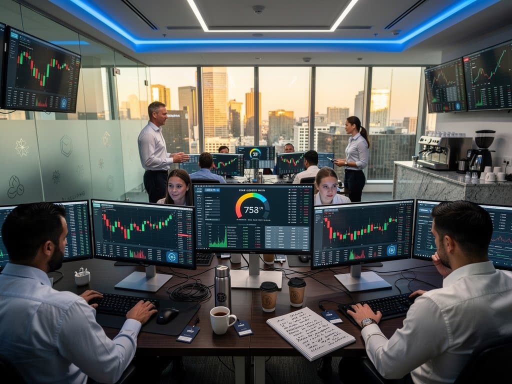 Trading floor screens displaying Bitcoin at $75K, Forbes rankings, and Fear & Greed Index in modern finance hub