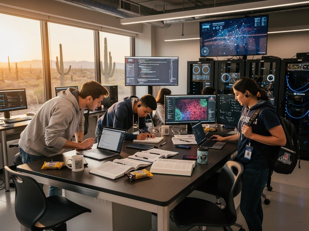 UA engineering students collaborate in campus AI lab with laptops showing neural networks, desert views, and training visualizations under modern lighting