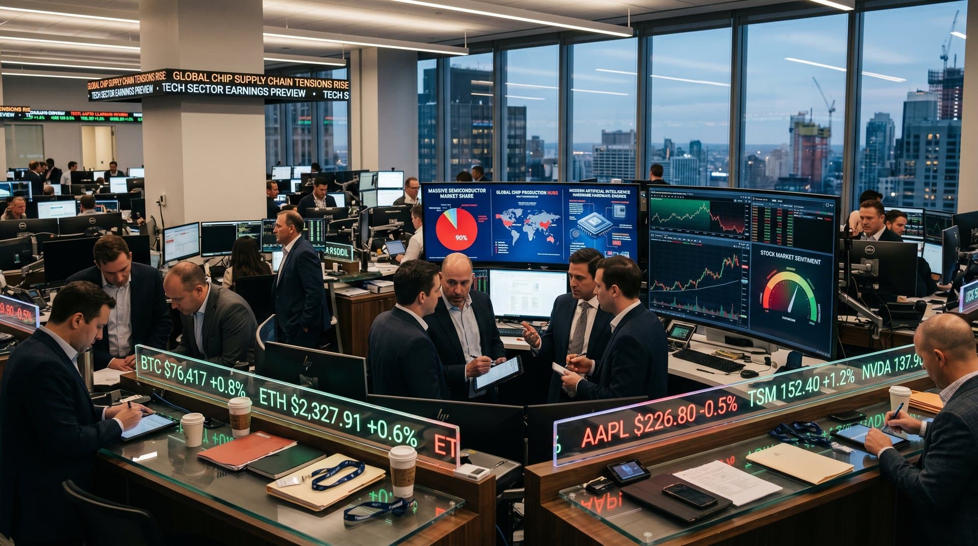 Traders analyze Apple AI strategy charts and China chip tensions on trading floor screens with Fear & Greed at 32